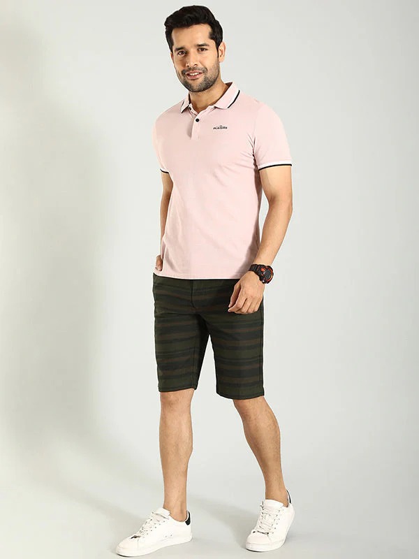 Indian Terrain Men's Slim Fit Striped Green Shorts